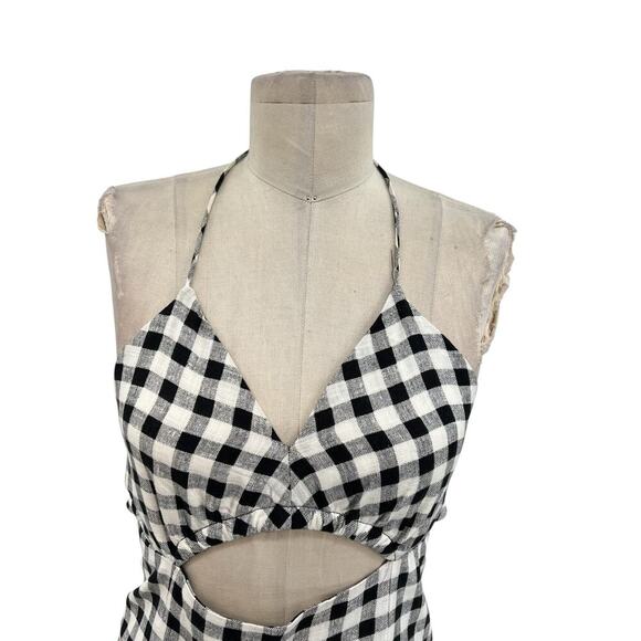 Zara Jumpsuit Cut Out Halter Gingham Check Plaid Linen Blend Black White Size XS - Picture 3 of 14